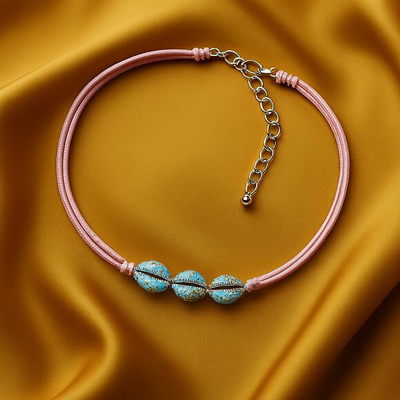 Boho Shell Bead Choker – Pink Cord Necklace with Multicolor Seashell Accents - Picture 1 of 9